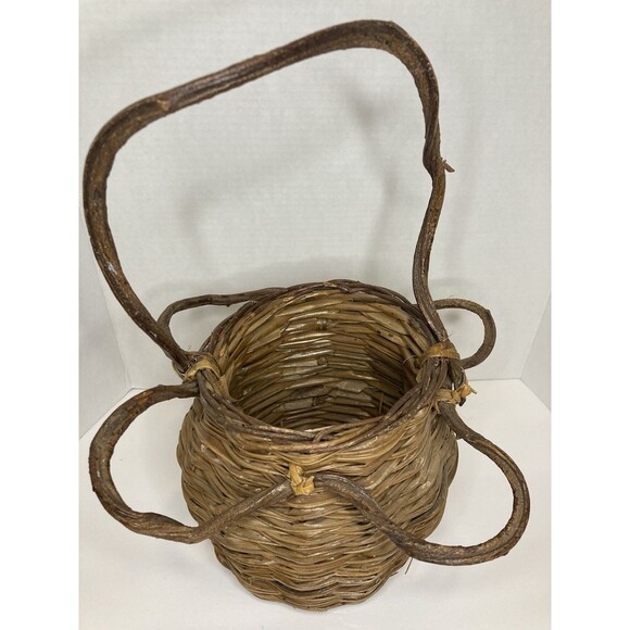 VTG Handmade Rustic Woven Twig Vine Wood Basket Tall Round Primitive Whimsical - Picture 4 of 11